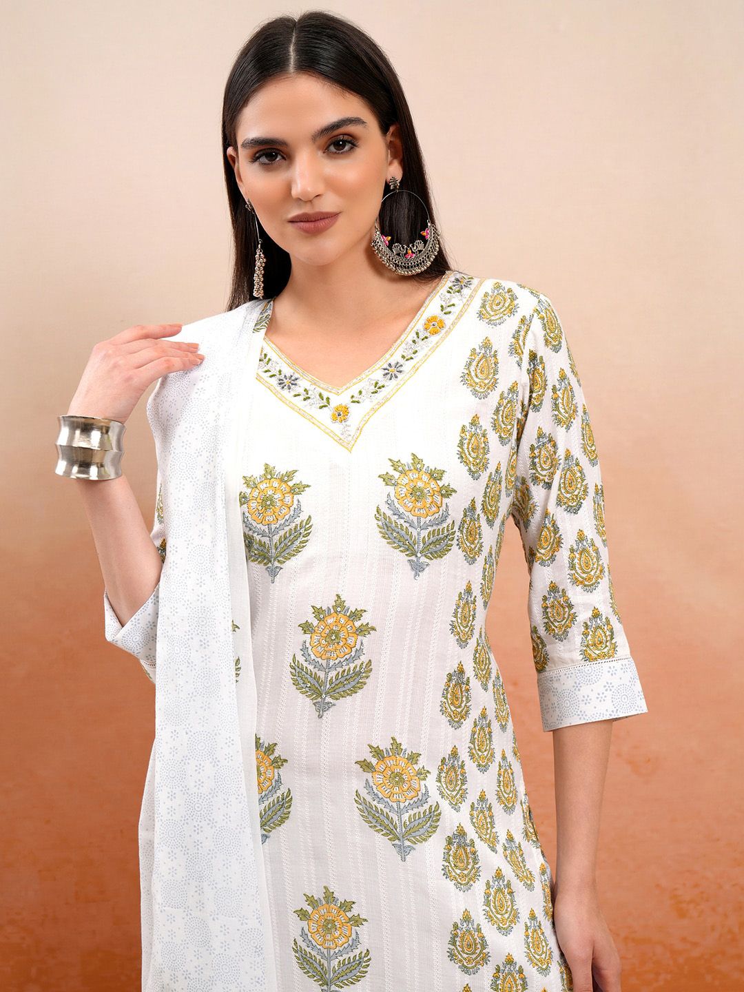 Vishudh Floral Printed V-Neck Pure Cotton Kurta with Trousers & Dupatta