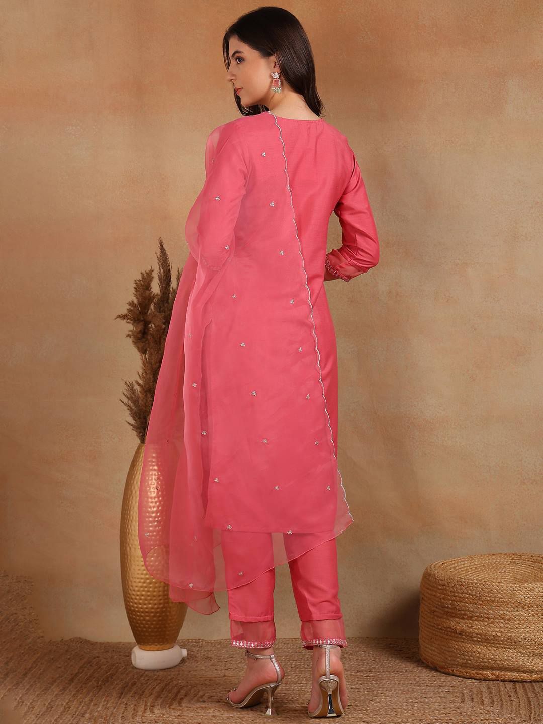 KALINI Ethnic Motifs Embroidered Sequinned Straight Kurta With Trouser & Dupatta