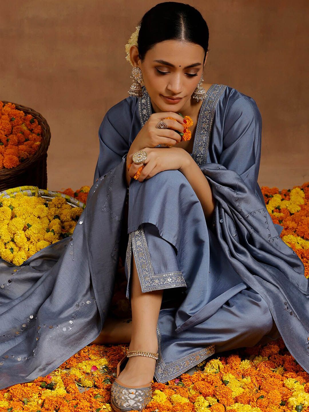 Libas Ethnic Motifs Yoke Design Regular Sequinned Kurta With Trousers & Dupatta