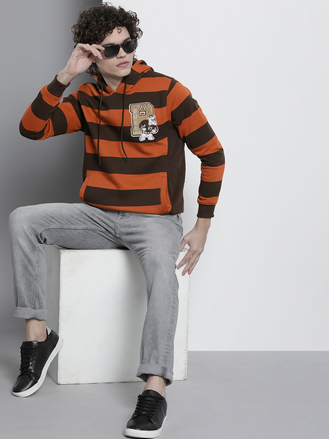 The Indian Garage Co Men Striped Hooded Sweatshirt