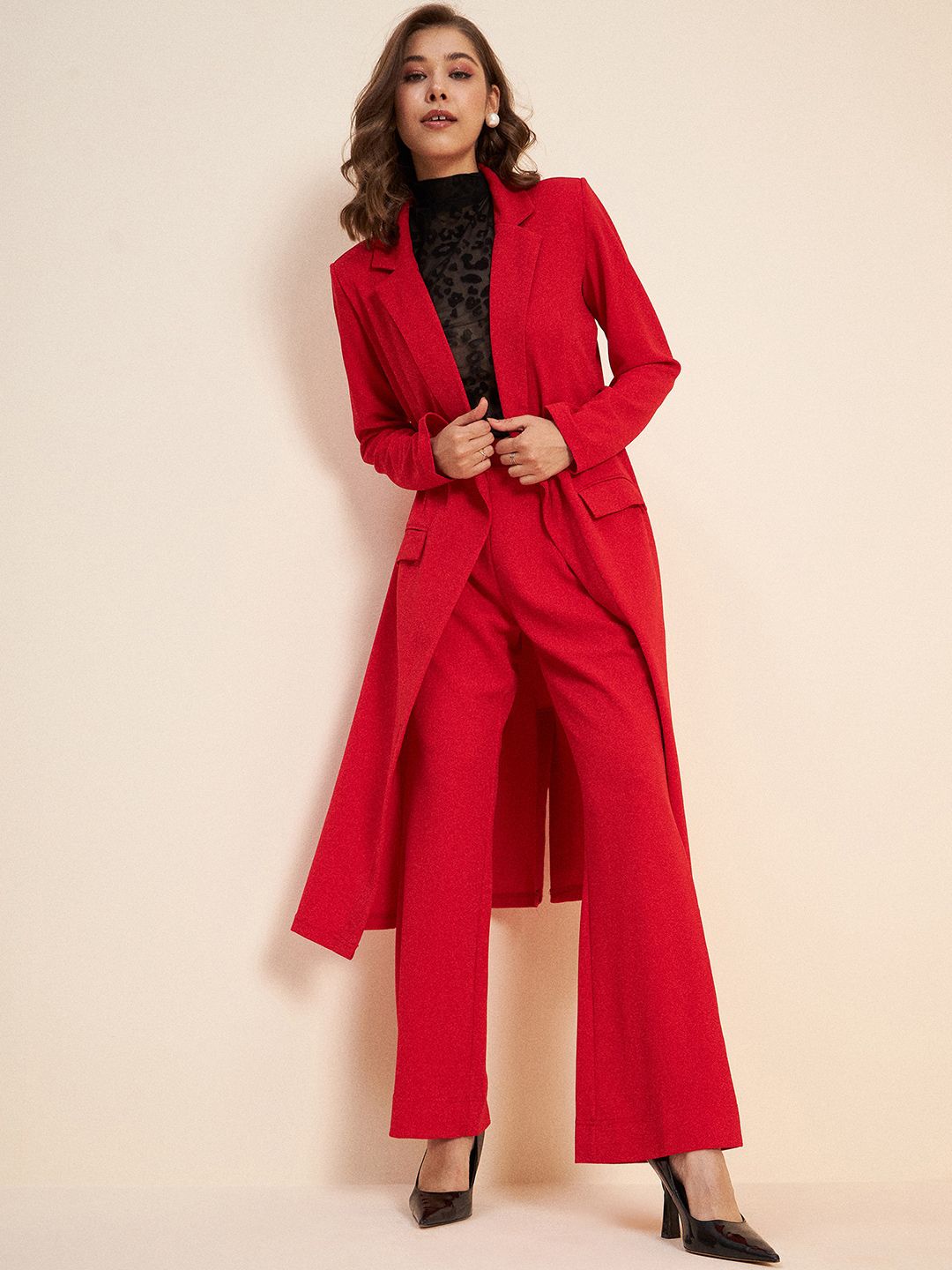 Antheaa Red Shawl Neck Long Line Coat & Trousers Co-Ords Set