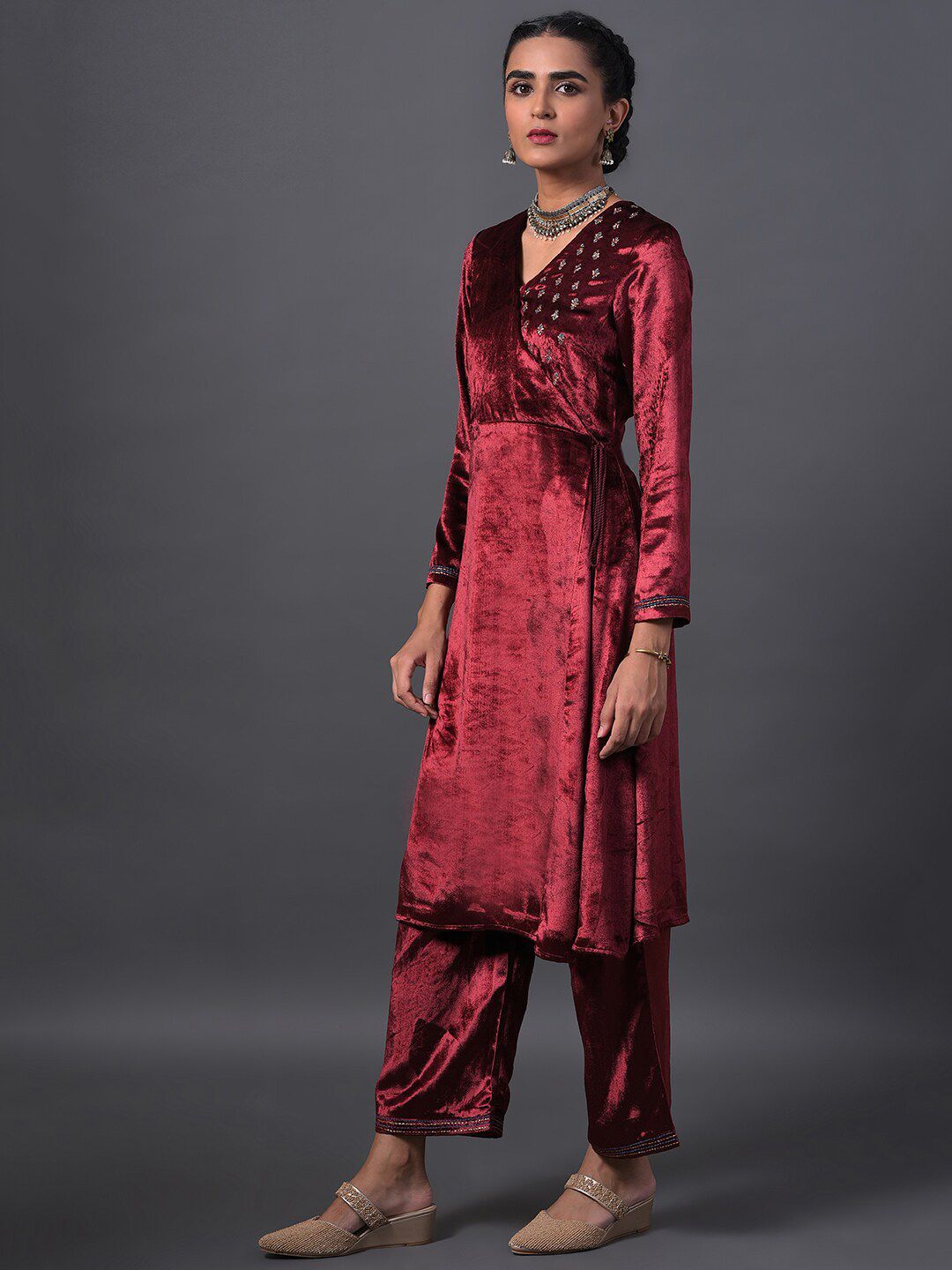 W Women Mock Angrakha Embroidered Kurta with Palazzos