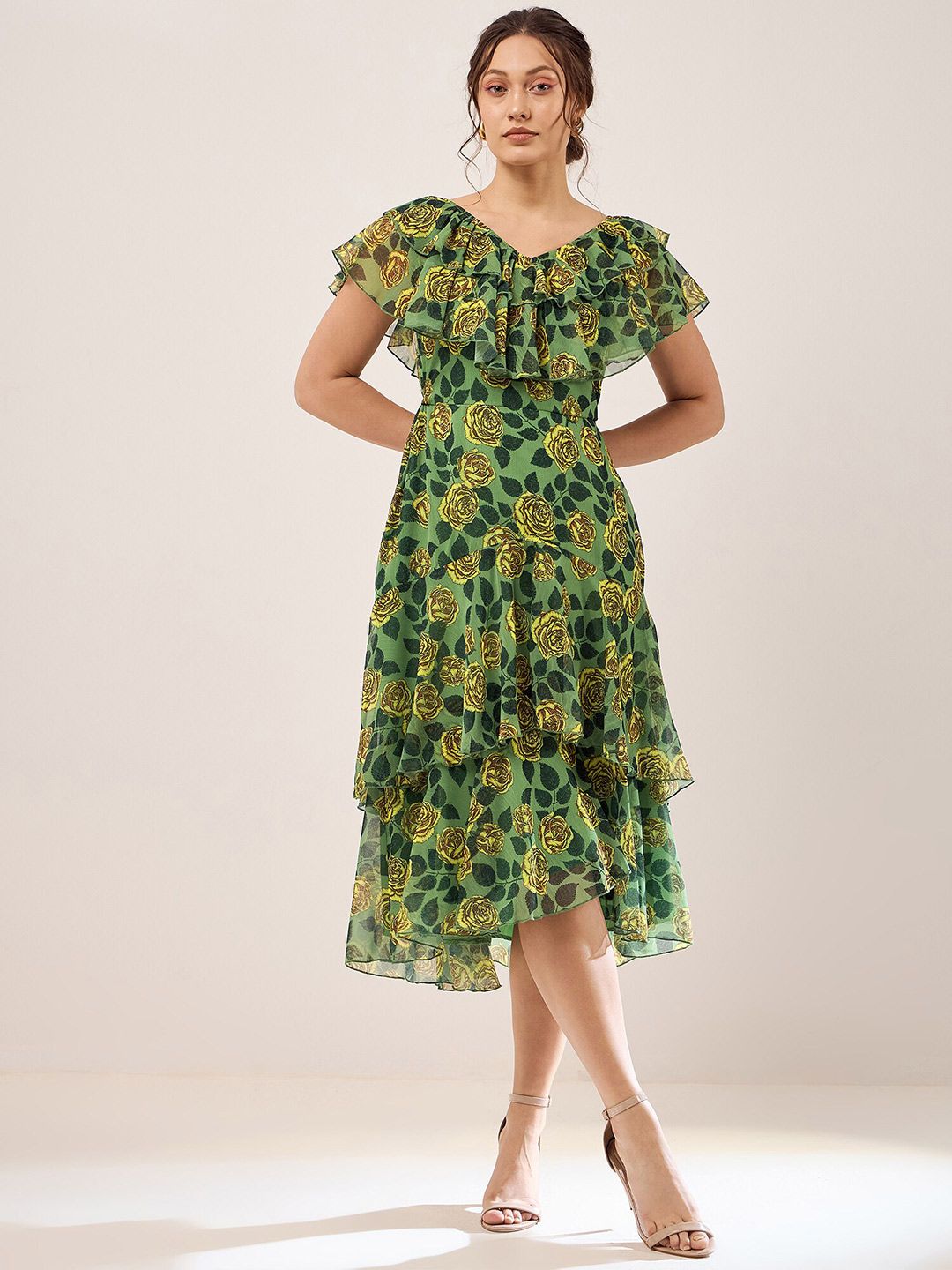 Antheaa Green Floral Print V-Neck Flutter Sleeve Layered Chiffon Fit & Flare Midi Dress
