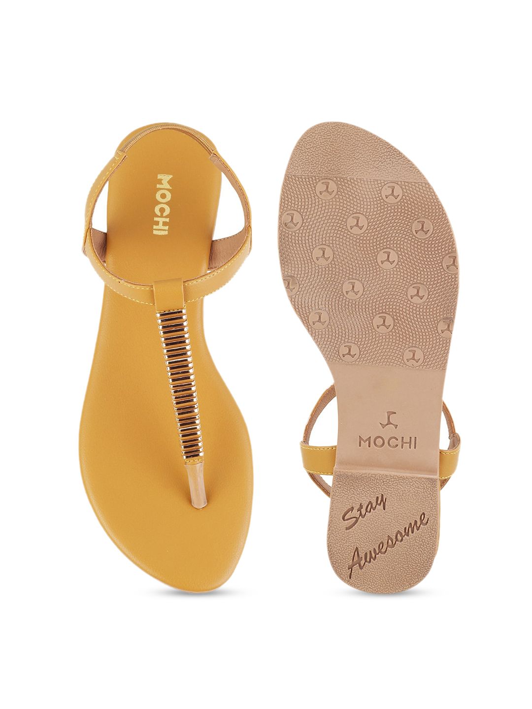Mochi Women Yellow Solid T-Strap Flats