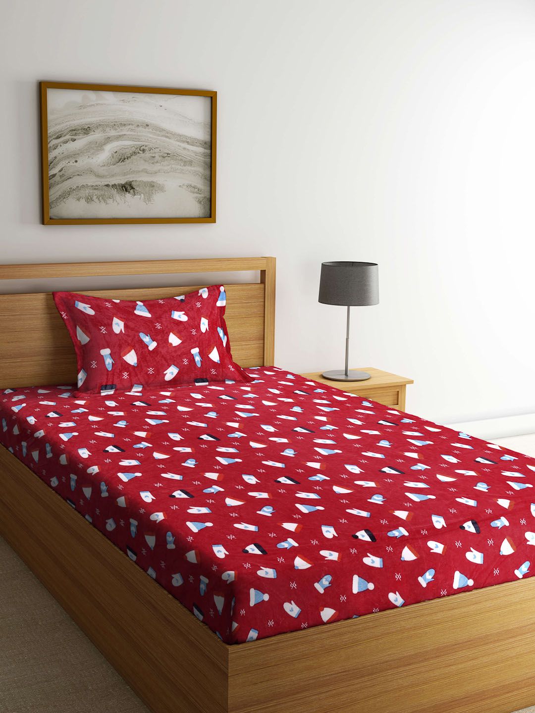 KLOTTHE Maroon Cartoon Printed 300 TC Woolen Single Bedsheet With 1 Pillow Cover