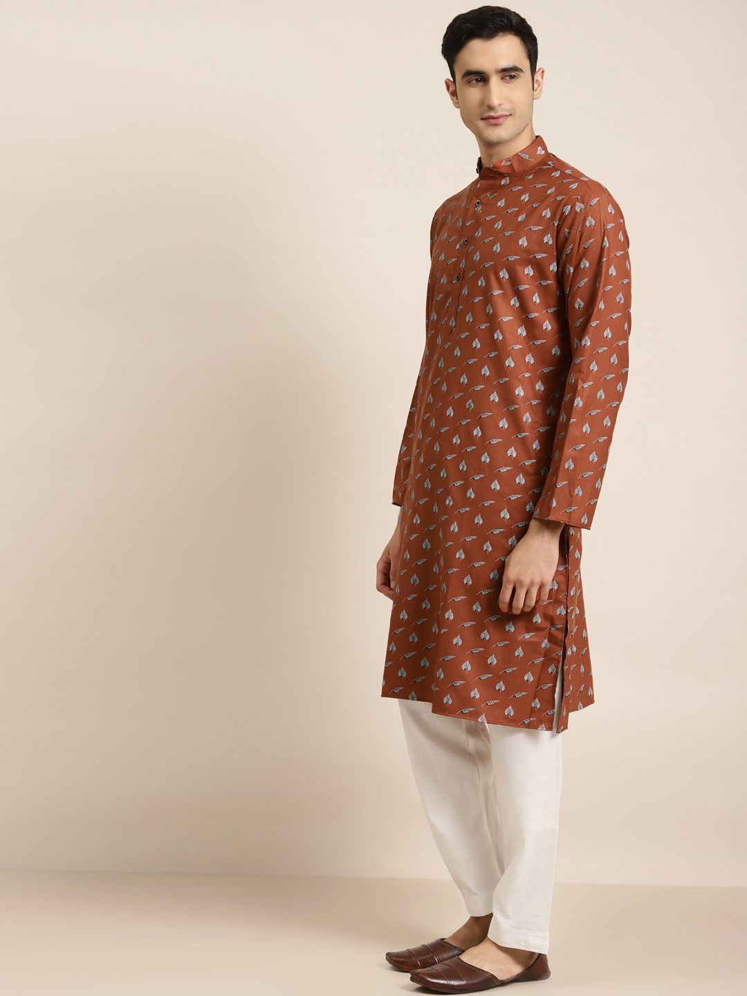 SOJANYA Men Rust Orange & White Leaf Printed Pure Cotton Kurta