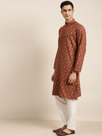 SOJANYA Men Rust Orange & White Leaf Printed Pure Cotton Kurta