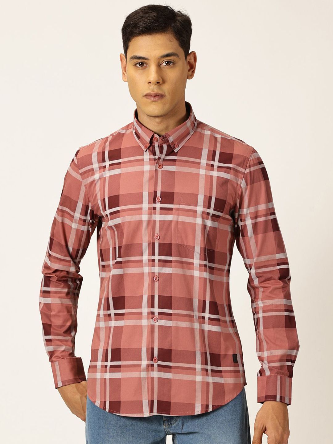 Thomas Scott Men Tartan Checks Button-Down Collar Casual Shirt