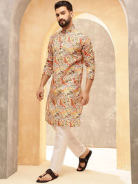 SOJANYA Motif Etnik Bercetak Kolar Jalur Kalamkari Cotton Linen Kurta Lurus