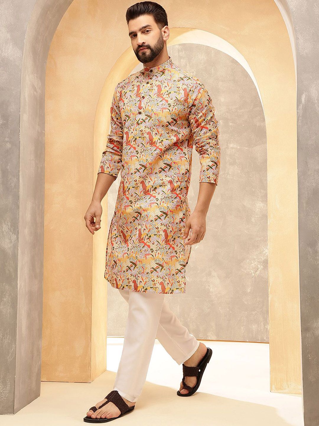 SOJANYA Ethnic Motifs Printed Band Collar Kalamkari Cotton Linen Straight Kurta