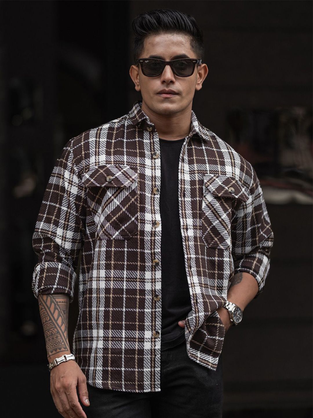 Powerlook Men Spread Collar Tartan Checked Casual Shirt