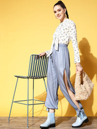 Berrylush White Floral Print Tie-Up Neck Crepe Top