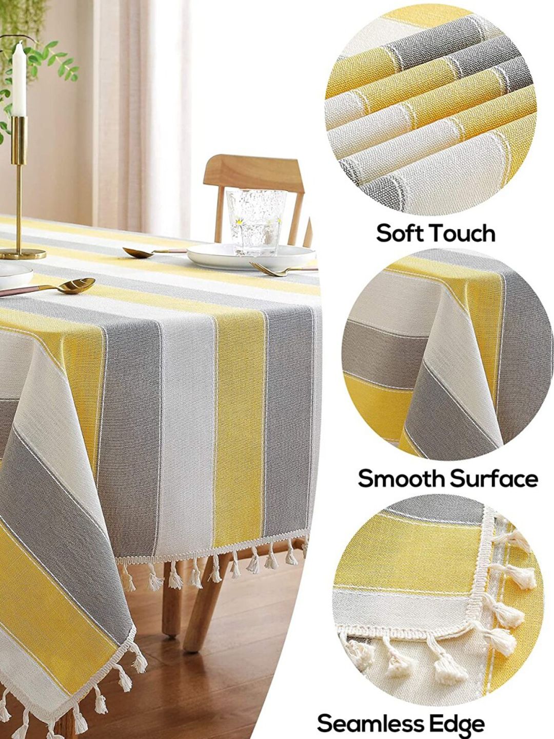 URBAN SPACE Yellow & White 6 Seater Striped Table Cloth