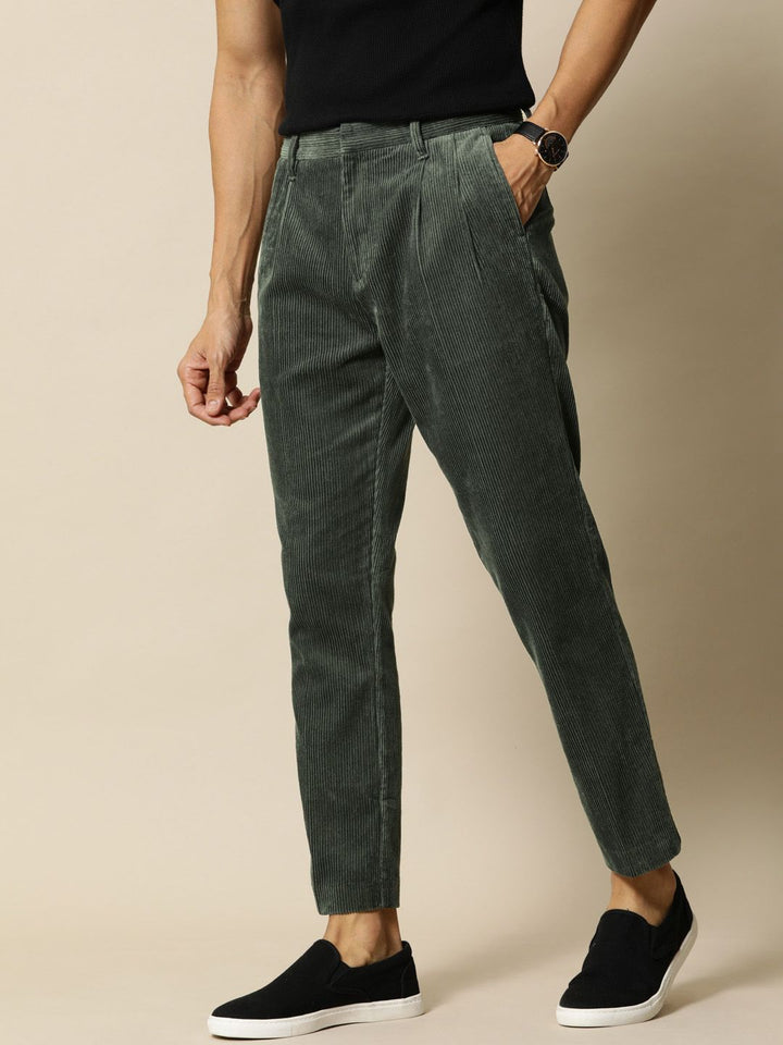 Mr Bowerbird Men Olive Green Tailored Fit Self-Striped Cropped Corduroy Regular Trousers