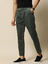 Mr Bowerbird Men Olive Green Tailored Fit Self-Striped Cropped Corduroy Regular Trousers