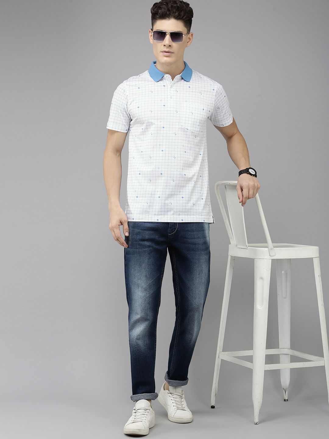 Park Avenue Checked & Geometric Printed Polo Collar Pure Cotton Slim Fit T-shirt