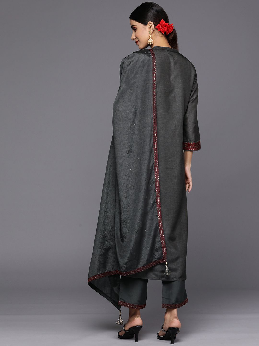 Libas Women Charcoal Floral Kurta with Trousers & With Dupatta