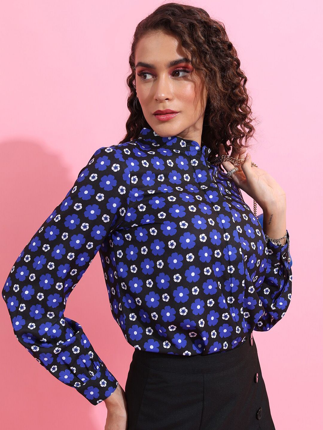 Tokyo Talkies Floral Printed Mandarin Collar Casual Shirt