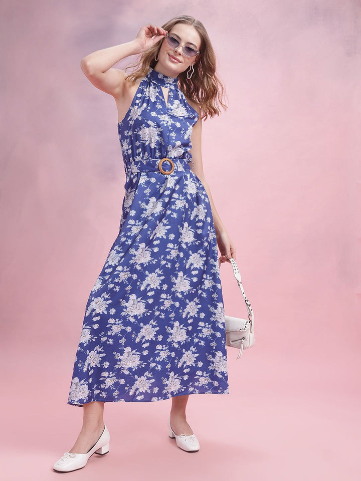 DressBerry Floral Print Belted A-Line Midi Dress