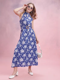 DressBerry Floral Print Belted A-Line Midi Dress