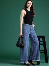 Pakaian wanita pakaian jeans lebar kaki lebar