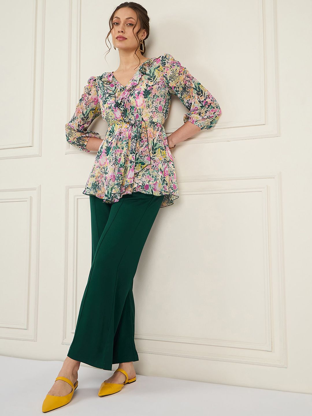 Antheaa Green Floral Printed Puff Sleeves Ruffled Top With Trouser