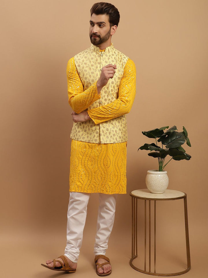 SOJANYA Embroidered Sequinned Pure Cotton Kurta with Churidar & Embroidered Nehru Jacket