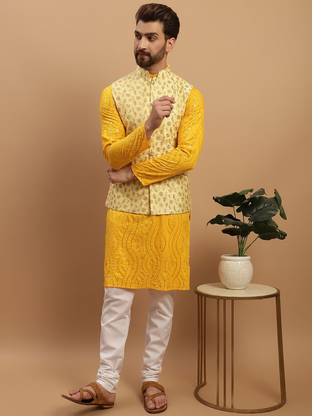 SOJANYA Embroidered Sequinned Pure Cotton Kurta with Churidar & Embroidered Nehru Jacket