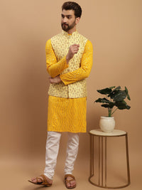SOJANYA Embroidered Sequinned Pure Cotton Kurta with Churidar & Embroidered Nehru Jacket