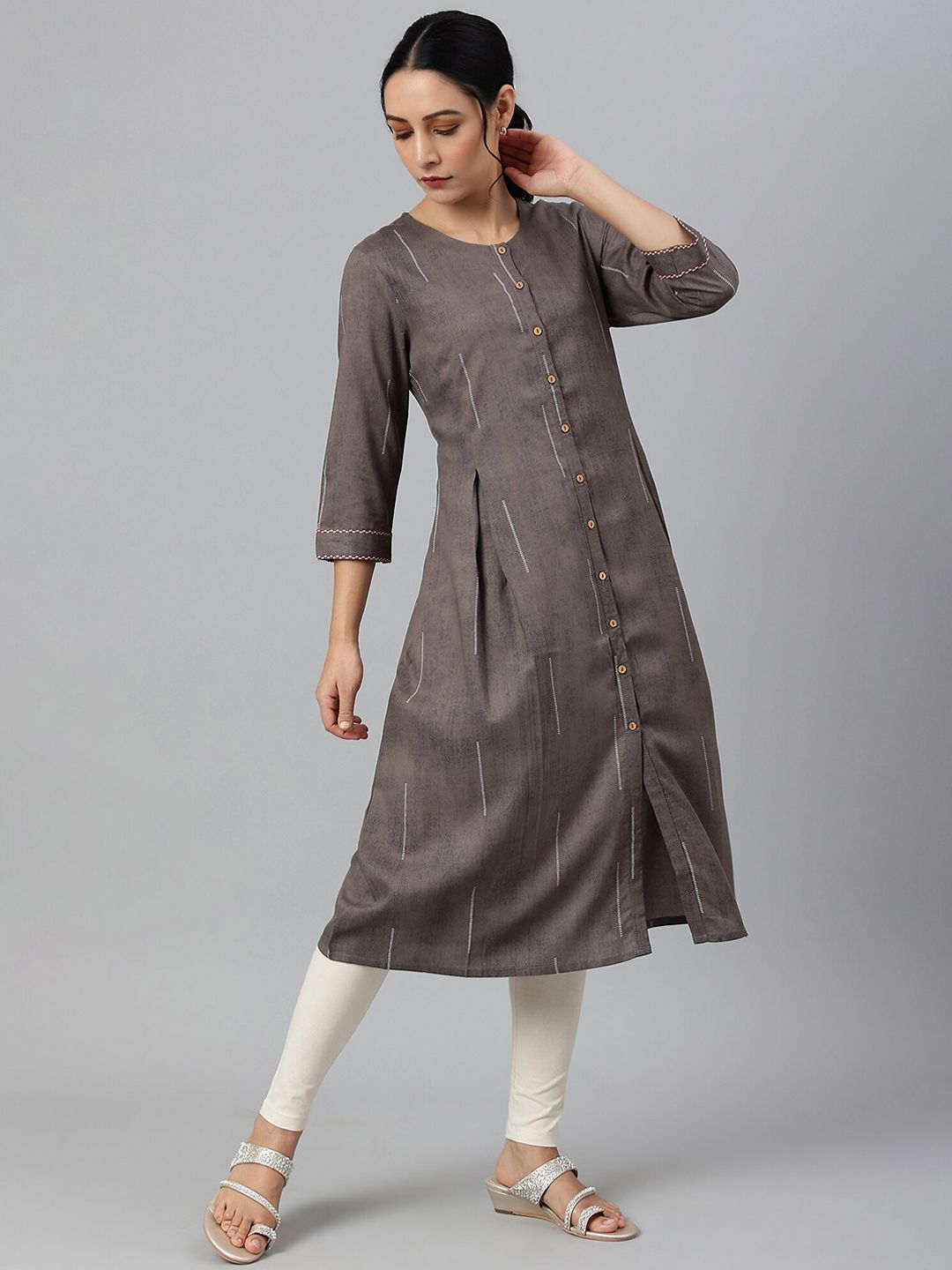 W Women Charcoal Grey Button Down Pleated Kurta