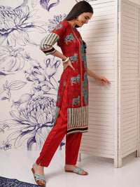 Vishudh Ethnic Motifs Printed Tie-Up Neck Sequinned Straight Kurta with Trousers