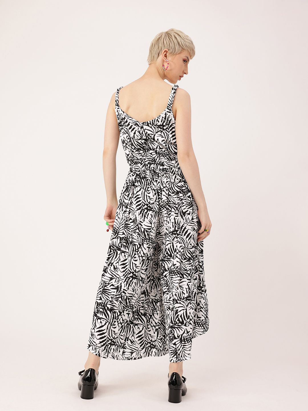 DressBerry Monochrome Tropics Cinched Waist Cropped Jumpsuit