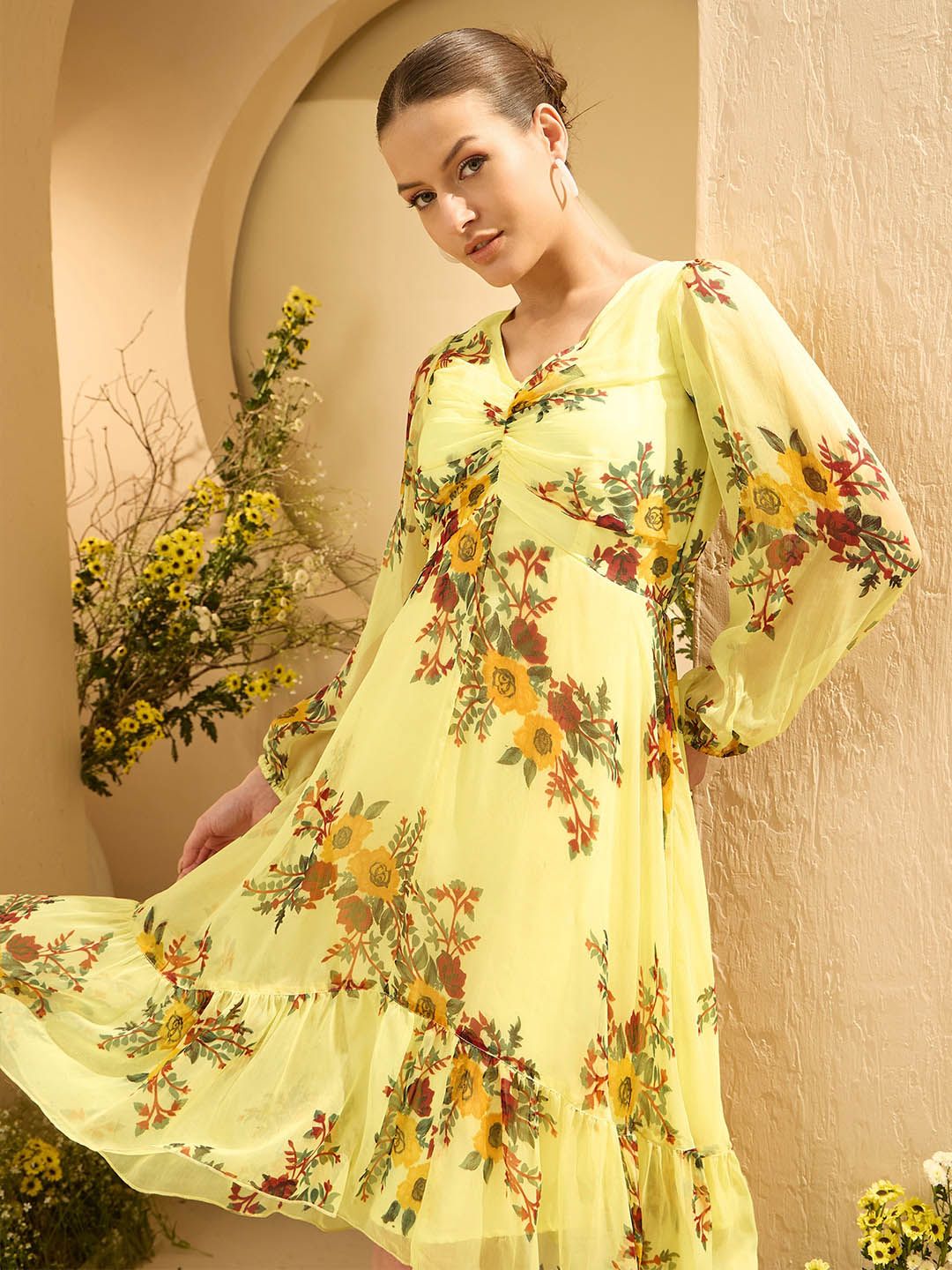 Antheaa Women Floral Print A-Line Midi Dress