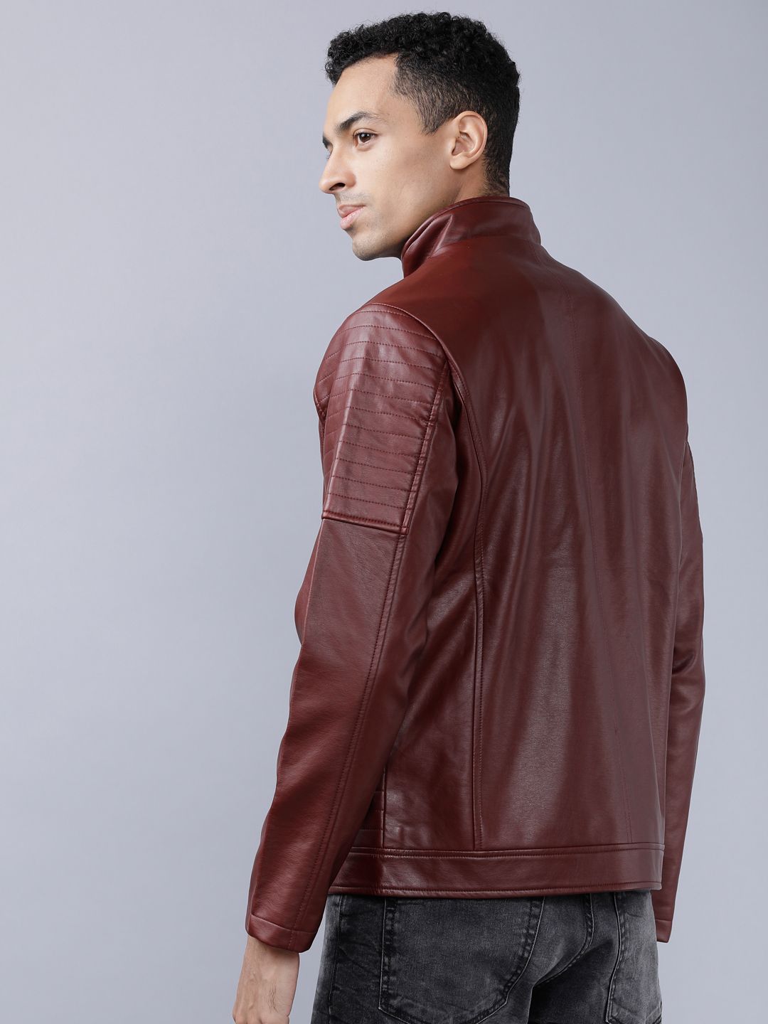 HIGHLANDER Men Burgundy Solid Leather Jacket