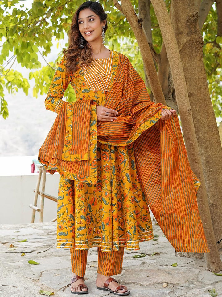 KALINI Floral Printed Gotta Patti Pure Cotton Kurta with Trousers & Dupatta