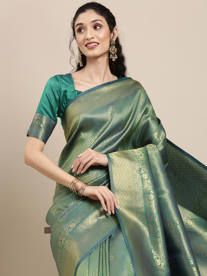 Saree mall Green & Gold-Toned Ethnic Motifs Zari Silk Blend Banarasi Sarees