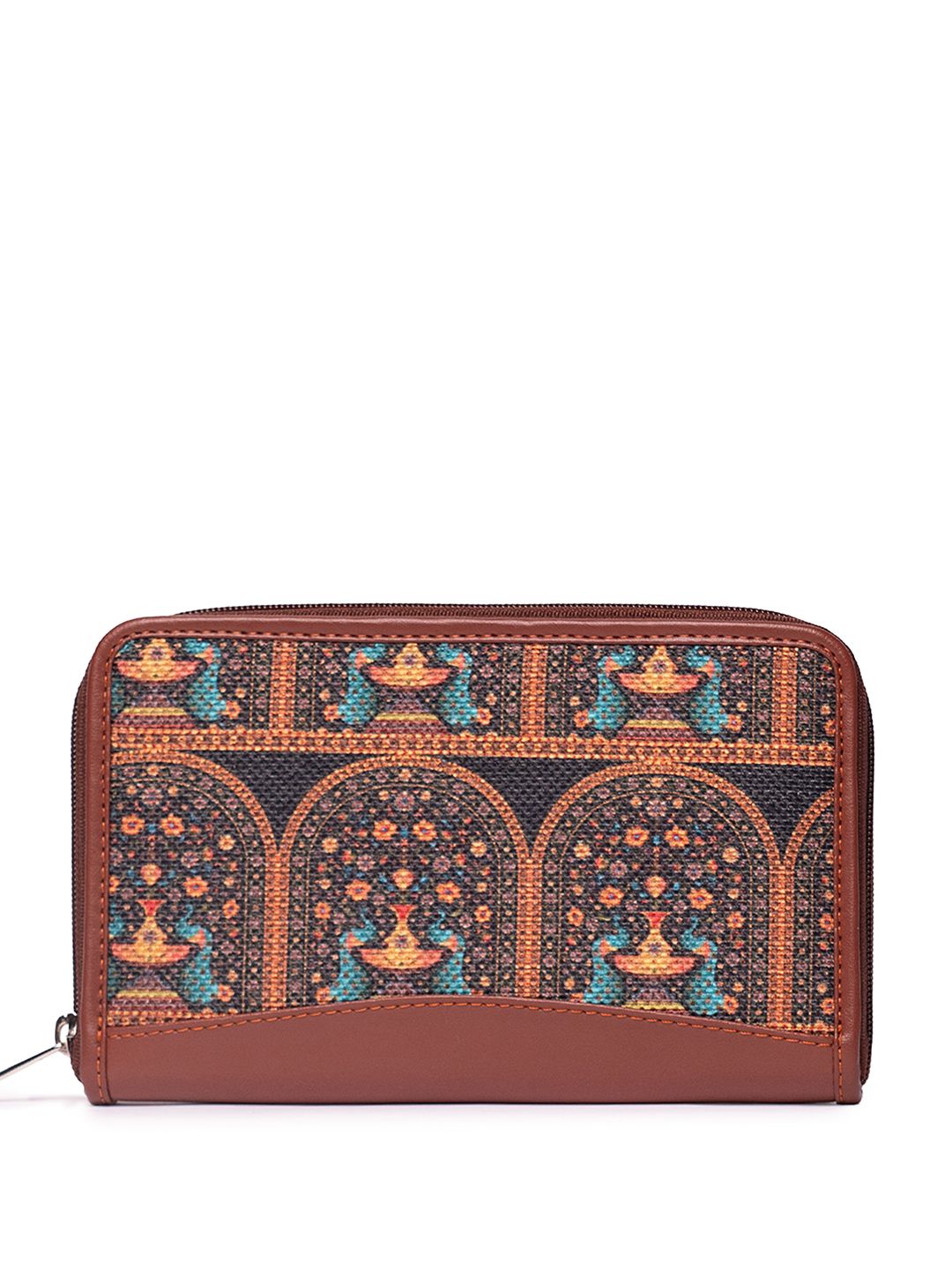 ZOUK Women Brown & Blue Ethnic Motifs Printed Zip Around Wallet with SIM Card Holder