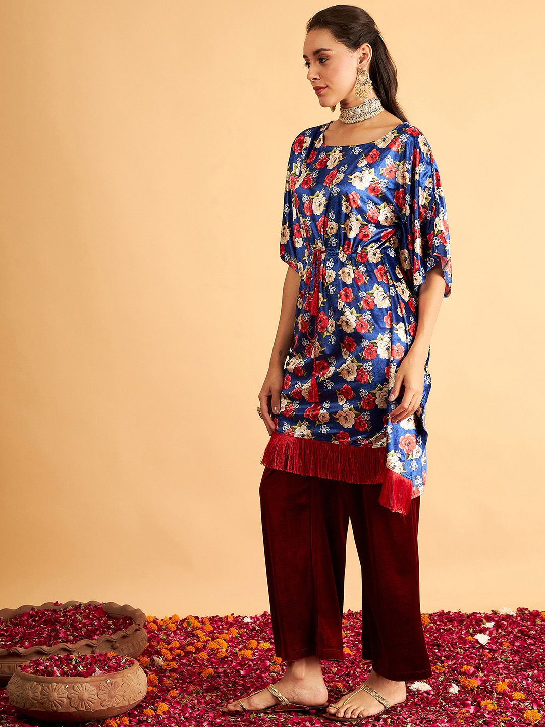 Shae by SASSAFRAS Floral Printed Velvet High Low Kaftan Kurta