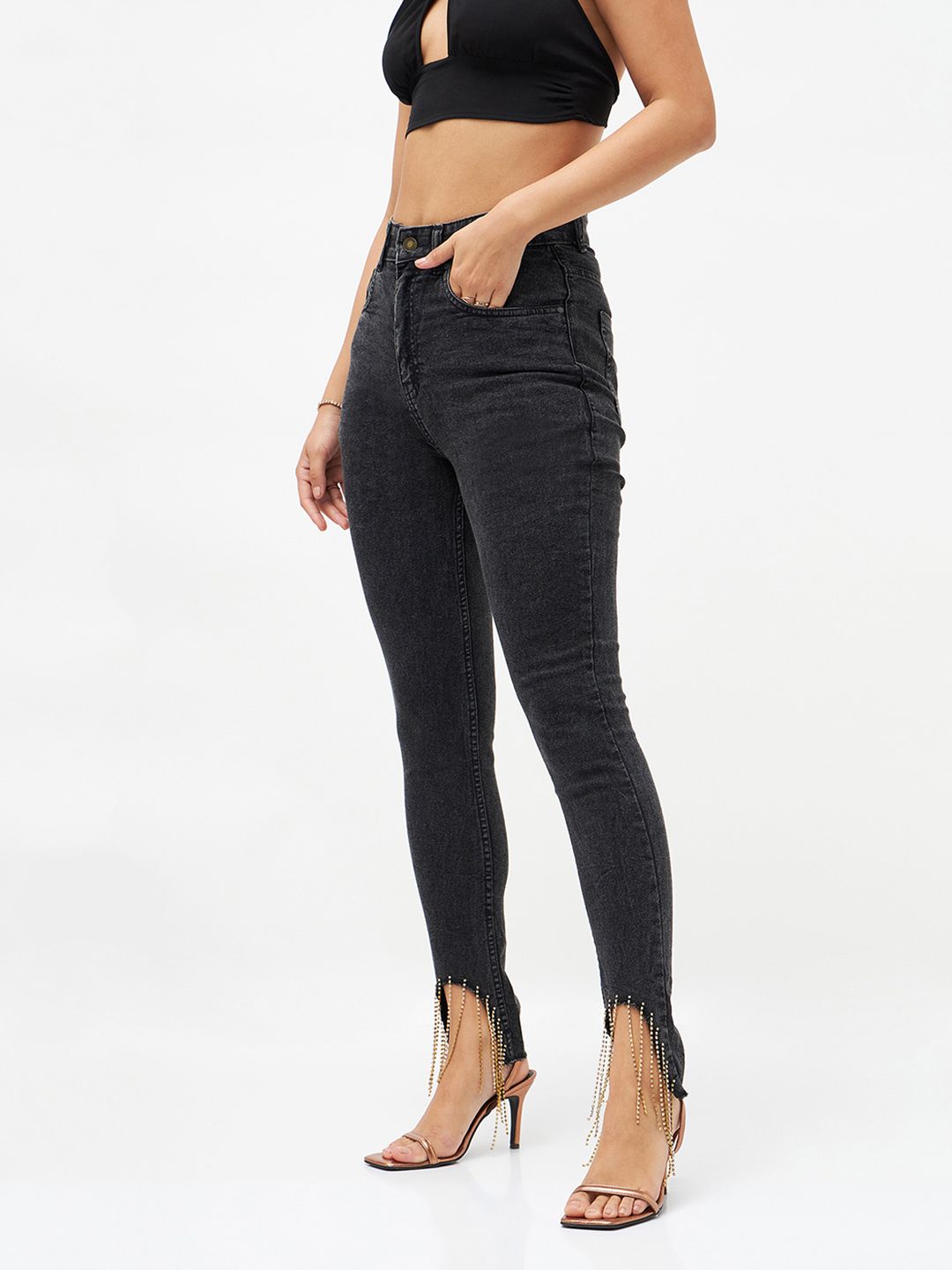 SASSAFRAS Women Black Slim Fit High-Rise Clean Look Embellished Stretchable Jeans