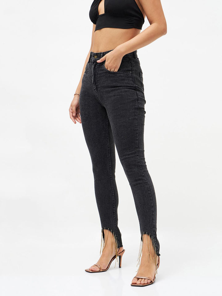 SASSAFRAS Women Black Slim Fit High-Rise Clean Look Embellished Stretchable Jeans