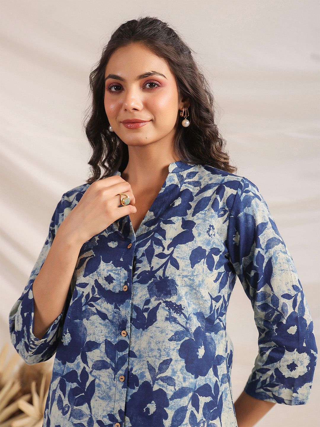 Janasya Women's Indigo Pure Cotton Floral Printed Regular Co-ord Set