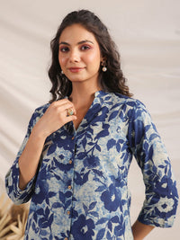 Janasya Women's Indigo Pure Cotton Floral Printed Regular Co-ord Set