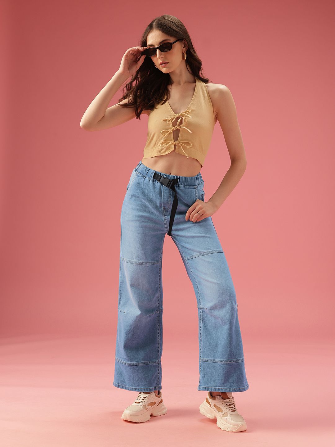 DressBerry Women Wide Leg High-Rise Light Fade Stretchable Jeans