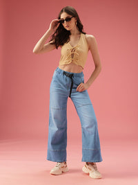 DressBerry Women Wide Leg High-Rise Light Fade Stretchable Jeans