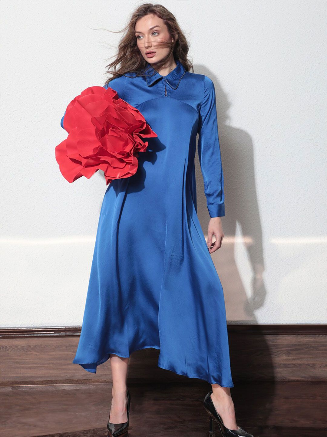 Rareism Shirt Collar A-Line Midi Dress