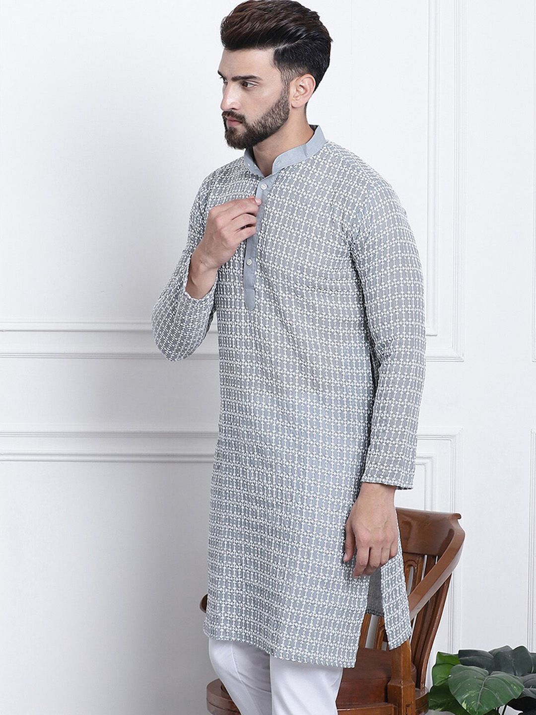 SOJANYA Motif Etnik Sulam Kurta Kapas Tulen