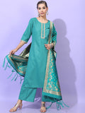 Vishudh Women Green Ethnic Motifs Printed Layered Kurti with Trousers & Dupatta