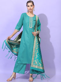 Vishudh Women Green Ethnic Motifs Printed Layered Kurti with Trousers & Dupatta