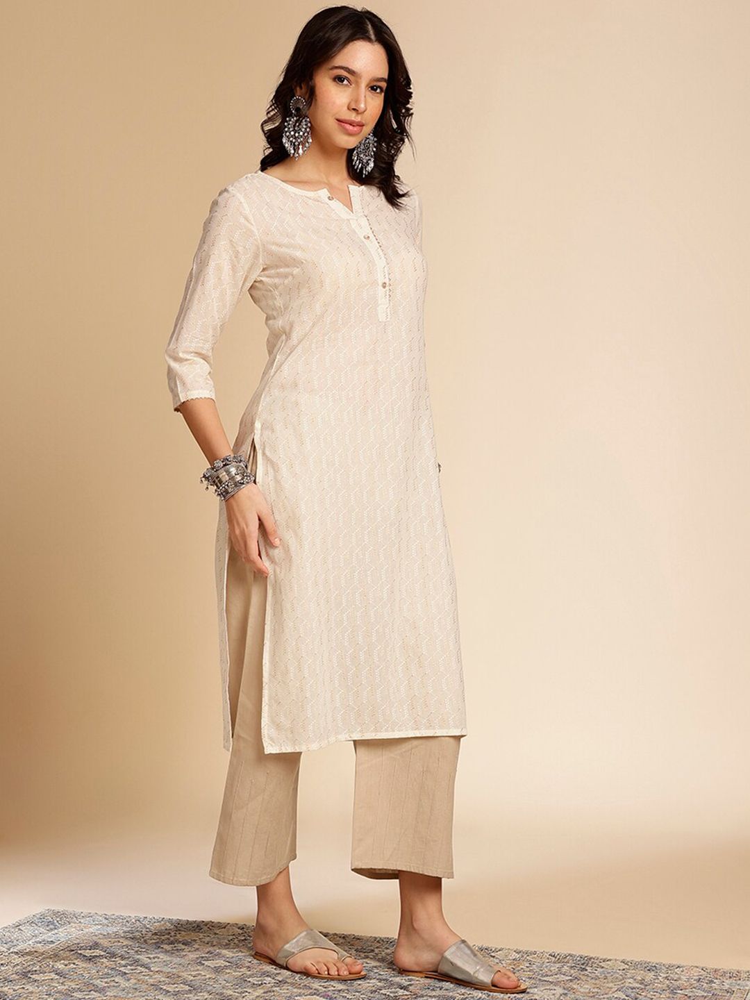 Anouk Off White Printed Mandarin Collar Cotton Straight Kurta