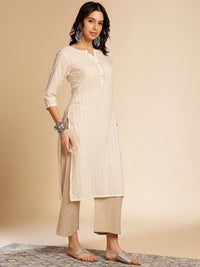 Anouk Off White Printed Mandarin Collar Cotton Straight Kurta